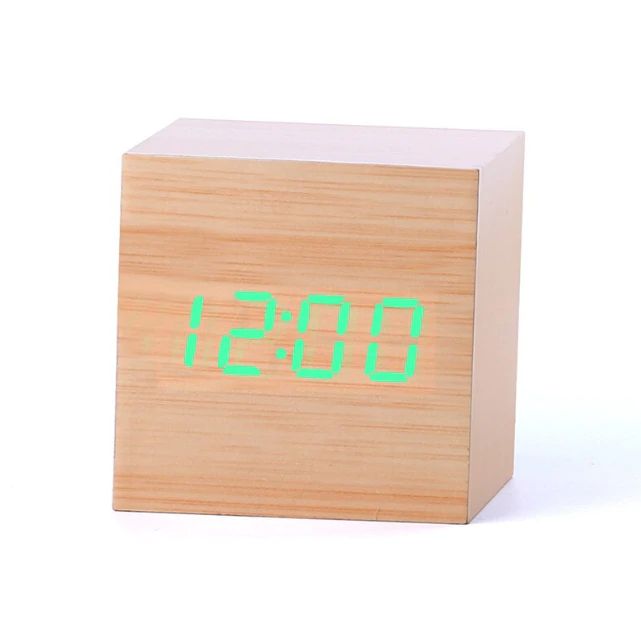 LED Display Wooden Cube Alarm Clock – Digital Time Indicator