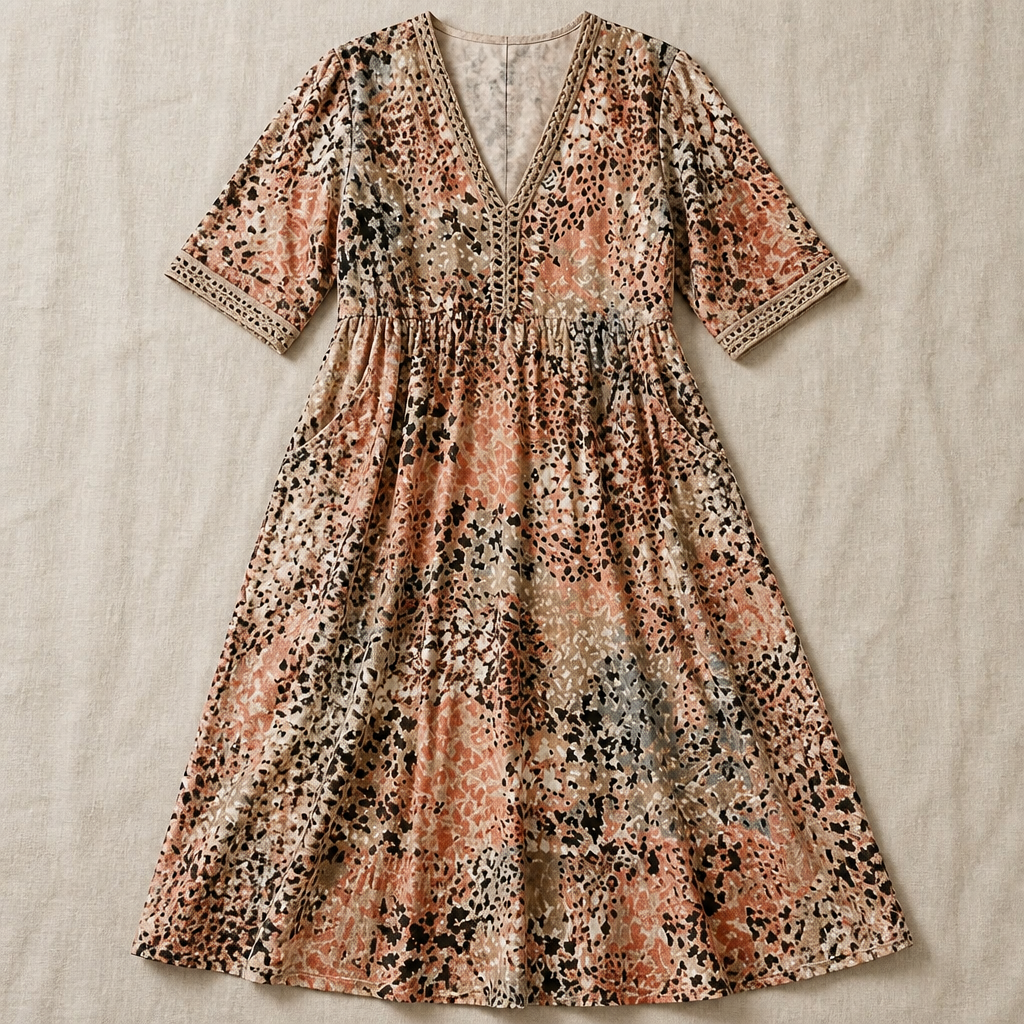 Aesthetic — boho printed midi dress celebrating style, comfort, and a mature vacation vibe.