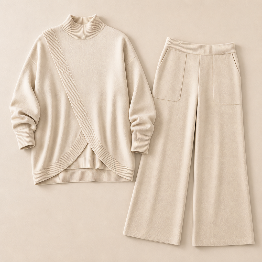 CelestiaKnit™ – Large Asymmetric Knit Ensemble Featuring Wide-Leg Trousers