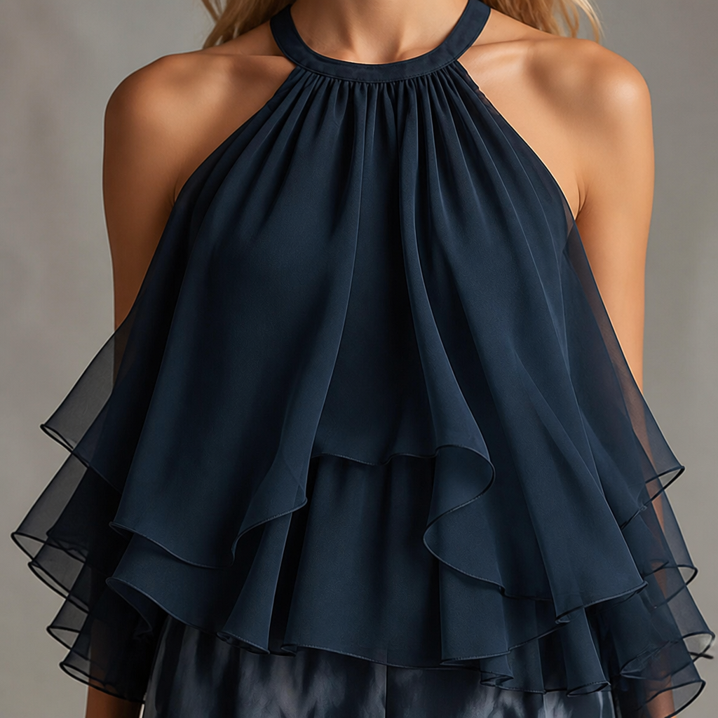 LuxuraFit™ – Draped Chiffon Halter Top & Wide-Leg Marbled Pants Ensemble