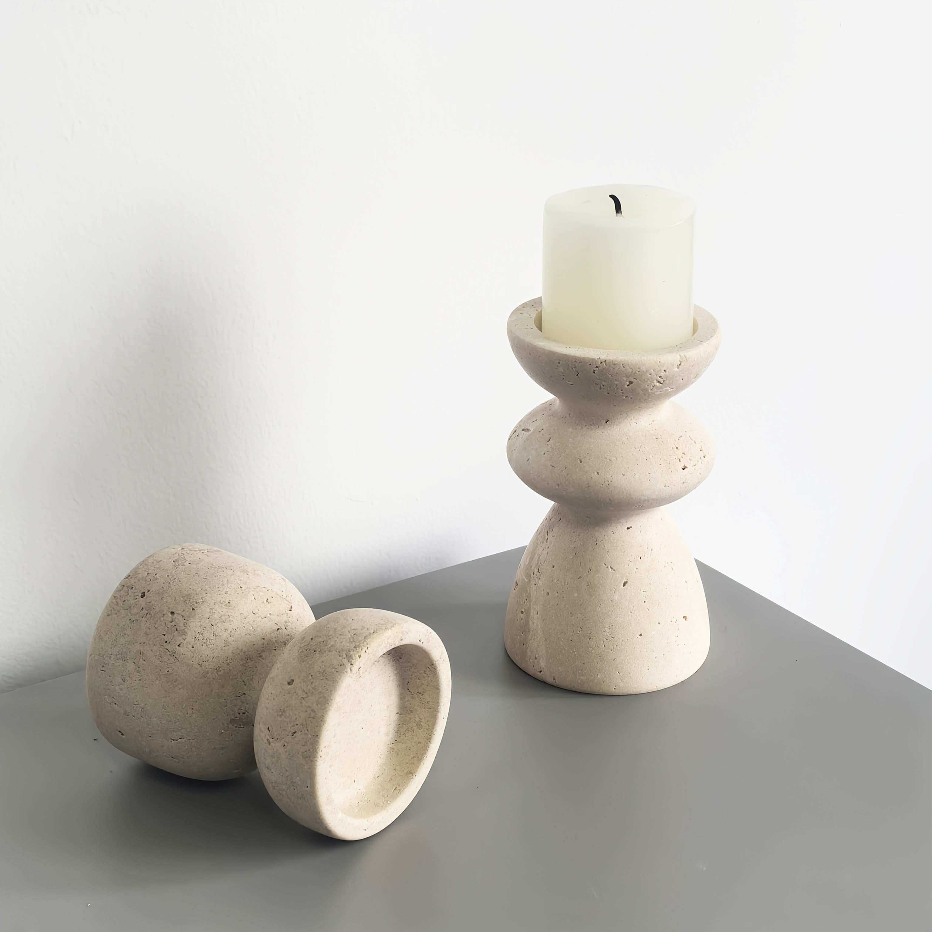 Set of Natural Marble Candle Holders in Travertine Style