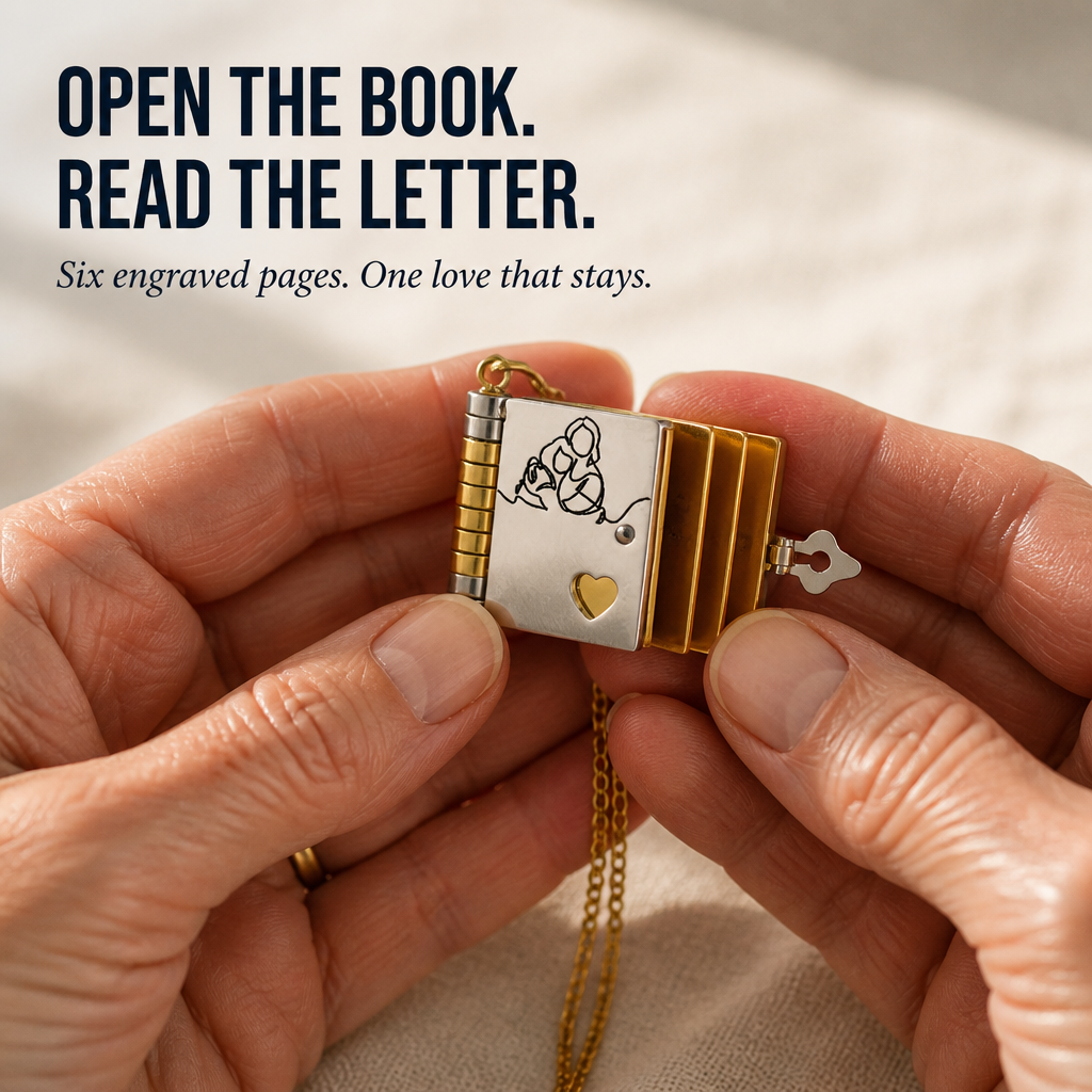 AmoriteBond™ — Uncover a Six-Page Book Pendant Etched for Your Grandchild
