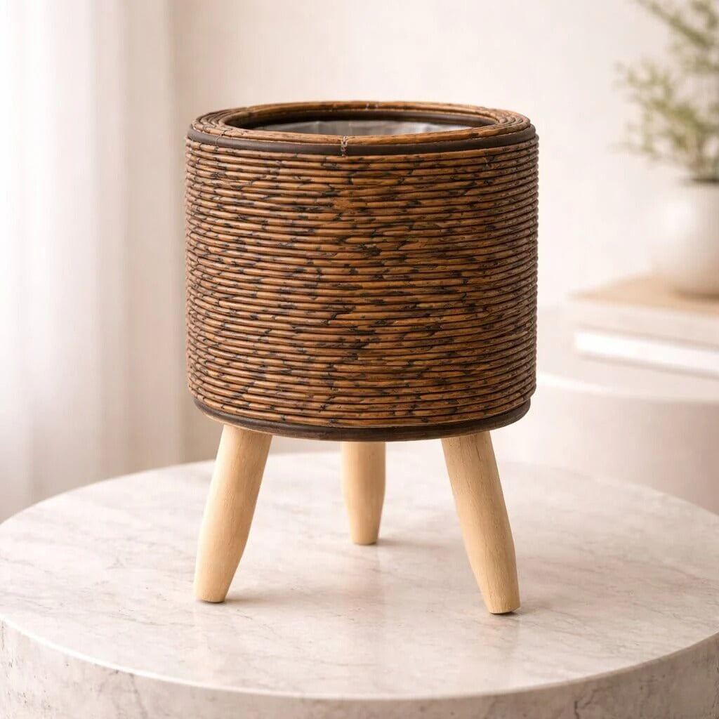 Flower Planter with Wooden Stand | Basket Weave Texture | Ideal for Indoor and Outdoor | Plantara