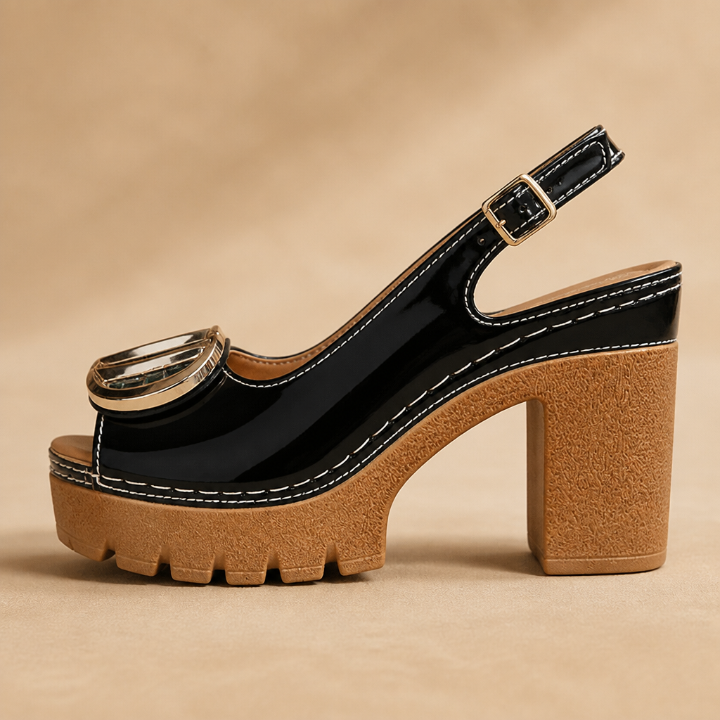 VivantaStrut™ – Bold Chunky Slingback Platform Heels with Gold Buckle