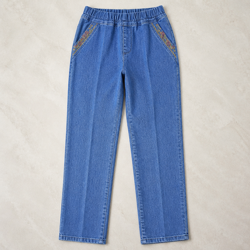 SculptEase™ – Stretch Pull-On Straight Leg Jeans Featuring Embroidered Pockets