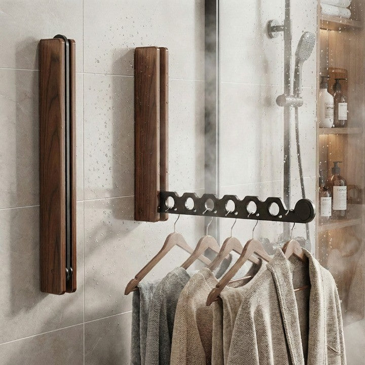 Space-Saving Wooden Wall-Mounted Clothes Rack – Foldable Design