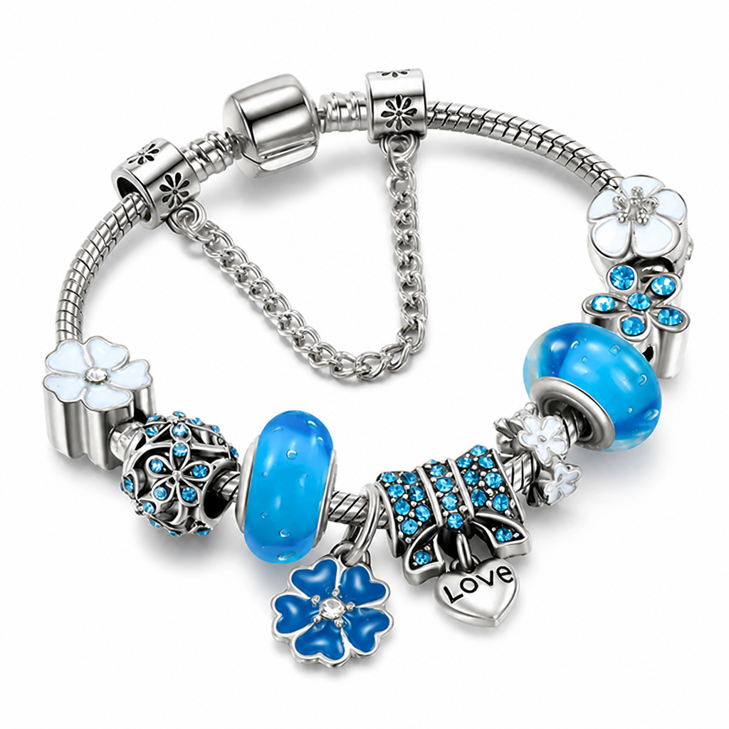 Stainless Steel Adjustable Fit Peach Blossom Charm Bracelet