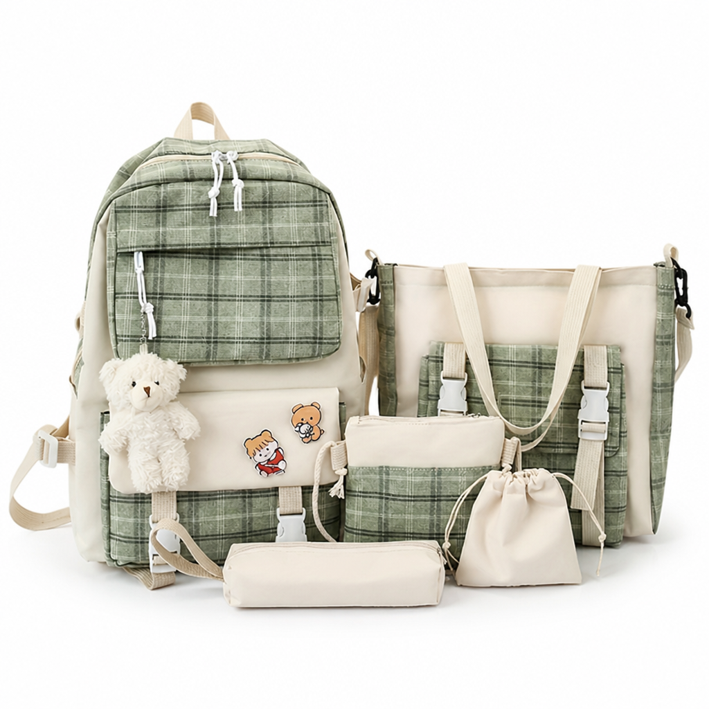 Large Capacity Minimalist Plaid Backpack Set (Set of 5)