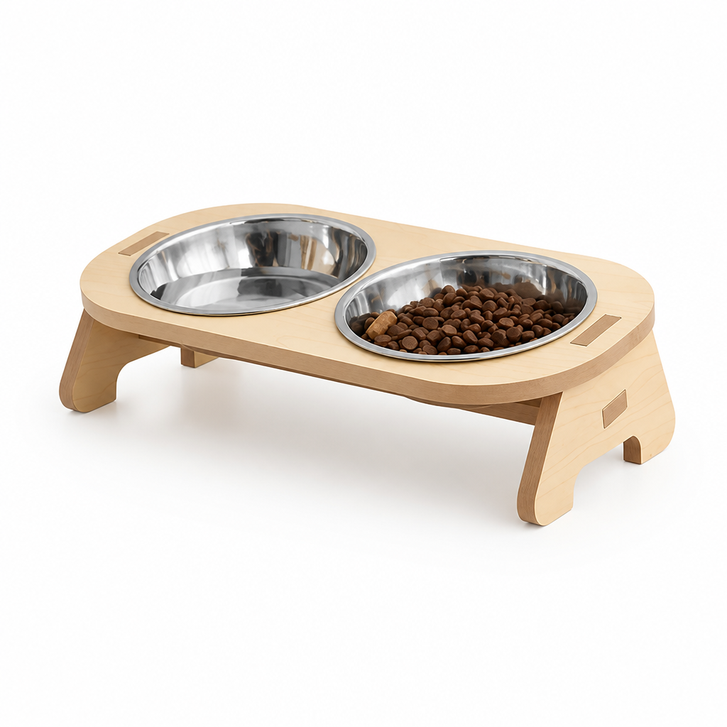 Elevated Hardwood Double Pet Bowl (Removable Stainless Steel Bowls)