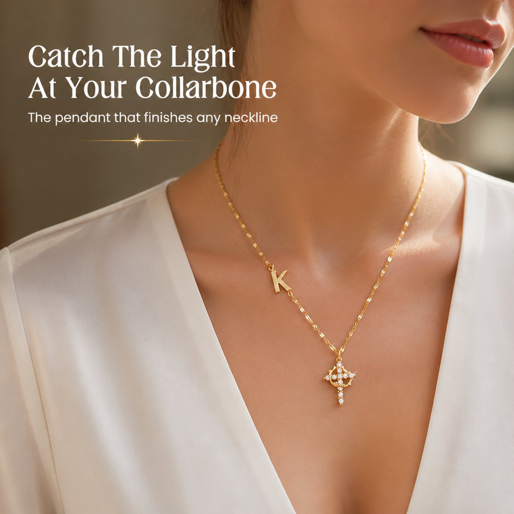 LumaSoul™ – Dainty Petal Chain Necklace with Initial & Cross Charms