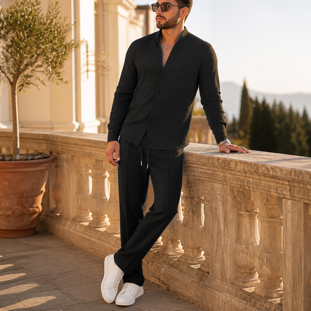 Stridonity™ – Relaxed Waffle-Texture Band-Collar Shirt & Pants Set