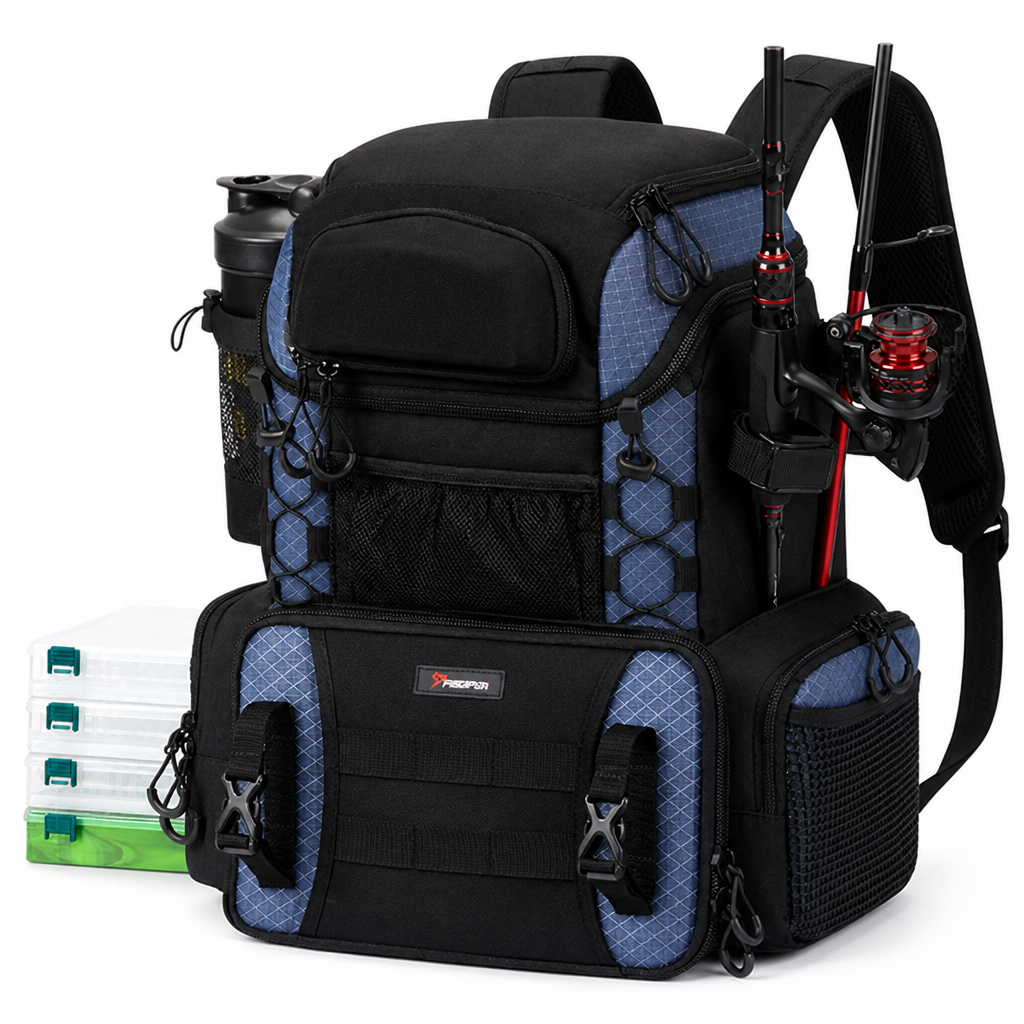 Rod Holders & Ergonomic Fishing Tackle Backpack (Includes 4 Utility Boxes)
