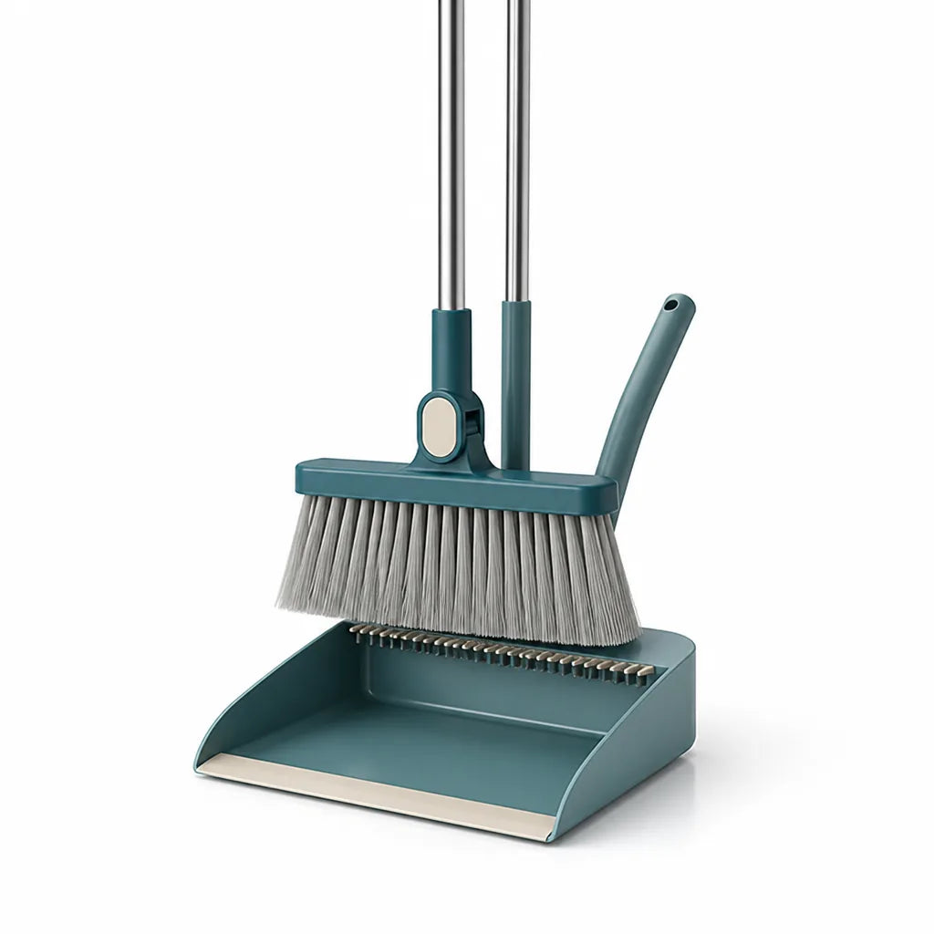 Self-Cleaning Broom and Dustpan Set with Height-Adjustable Handle