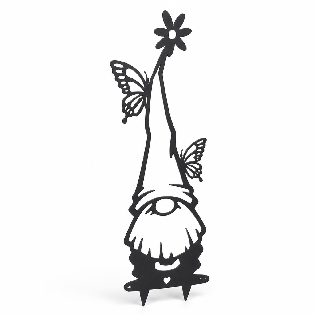 Weather-Resistant Iron Garden Gnome Stake (Butterfly & Flower Cutouts)