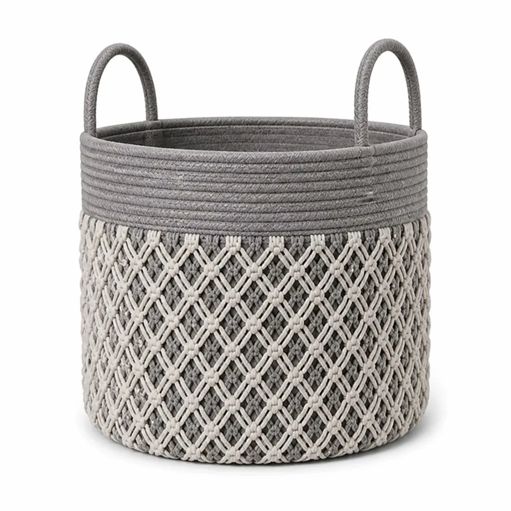 Collapsible Macramé Pattern Storage Basket With Cotton Rope Handles