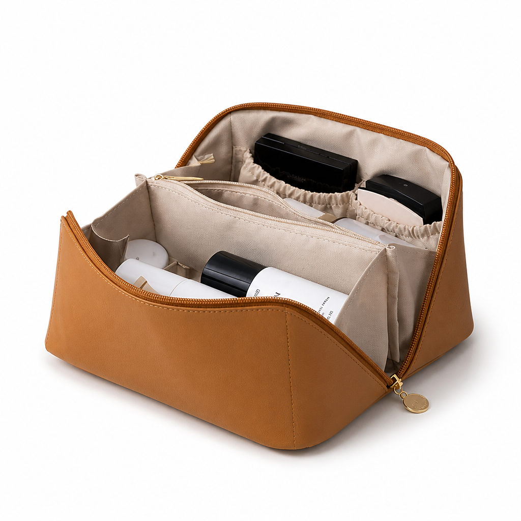 Premium PU Leather Multi-Compartment Cosmetic Bag (Travel-Ready)