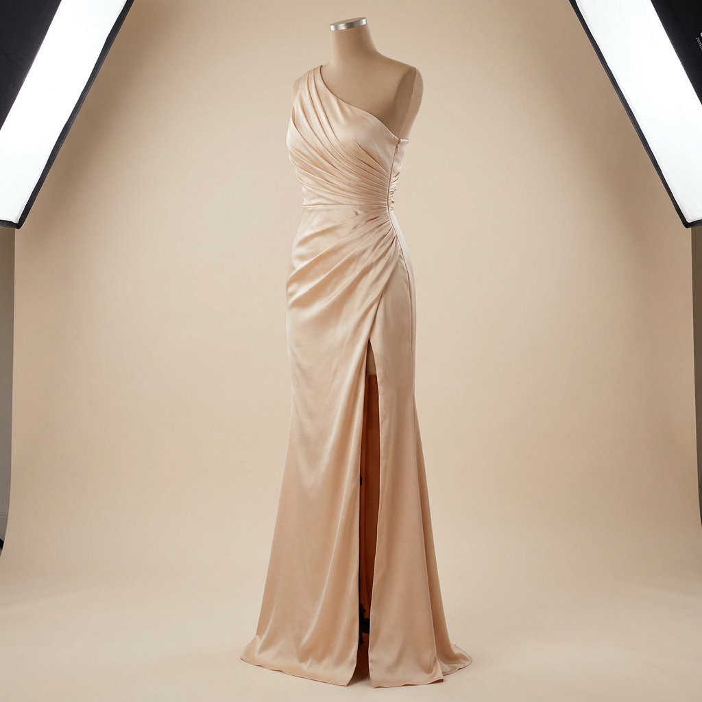 LumeraSilk™ – Chic One-Shoulder Ruched Satin Gown with Side Slit