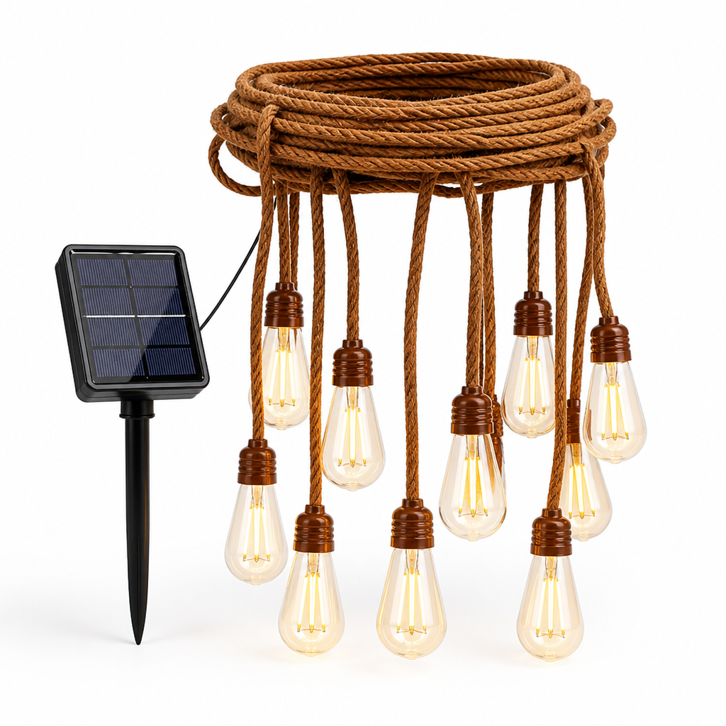 Solar-Powered Hemp Rope Outdoor String Lights (IP55 Waterproof)