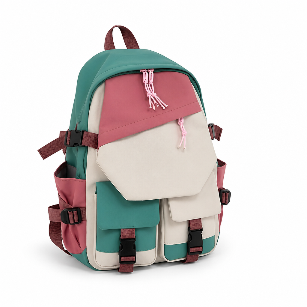 Large Capacity Color-Block Multi-Pocket School Backpack (Optional Pencil Bag + Handbag)