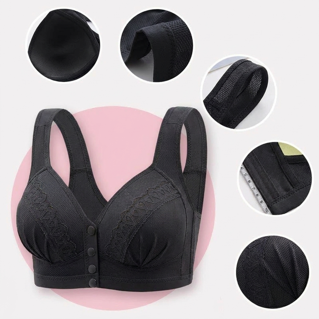 Sculptique™ – Front-Snap Wireless Lift Bra with Lace Accents