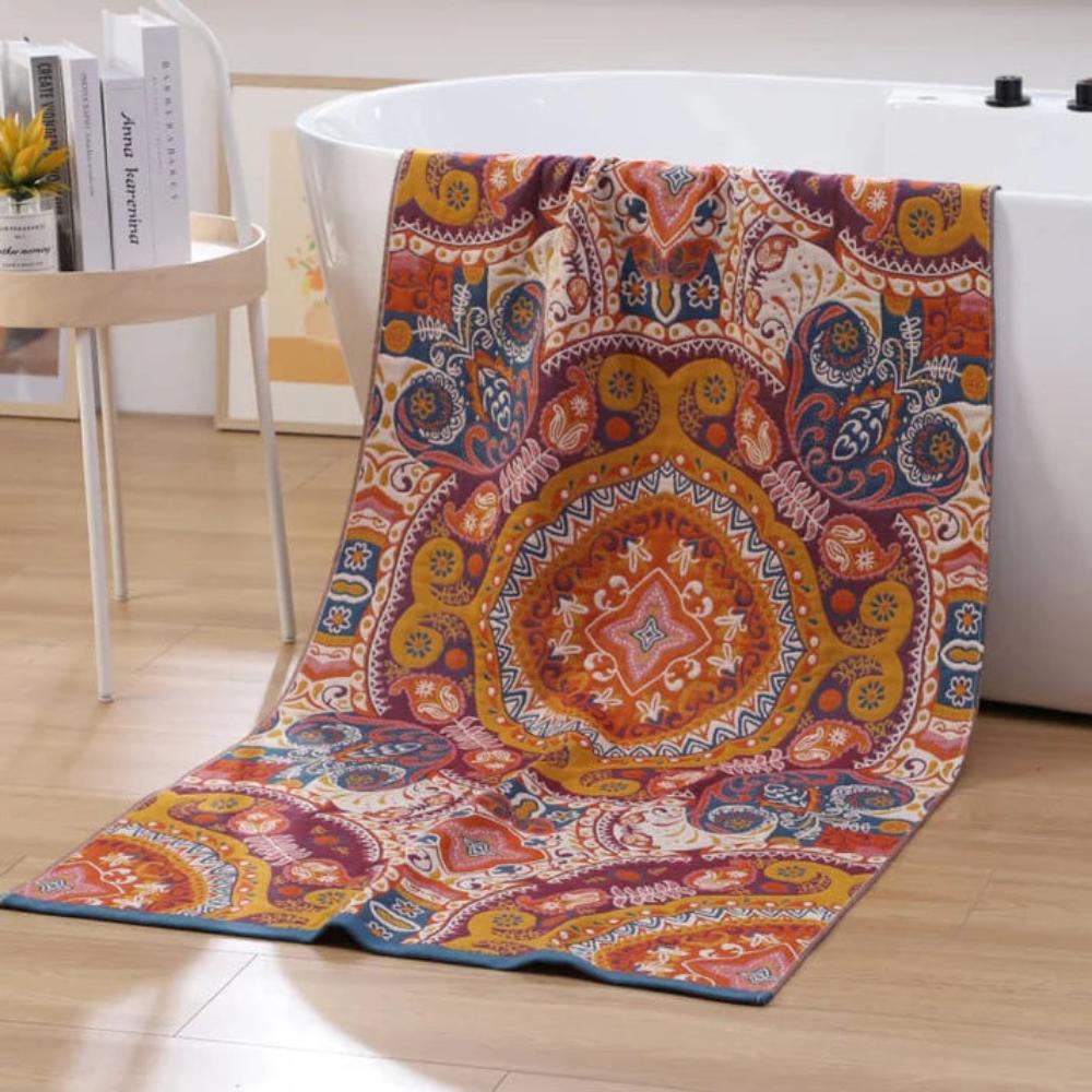 Vintage-Style Cotton Towel Featuring Bohemian Pattern