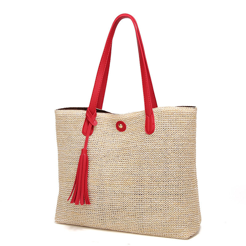 Tote Bag for the Beach with Leather Strap and Decorative Tassel