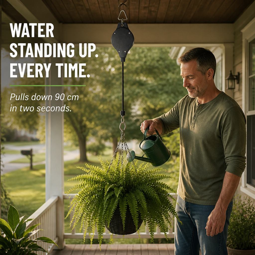 FlexiGroove™ — Lower Hanging Baskets to Chest Level for Ladder-Free Watering