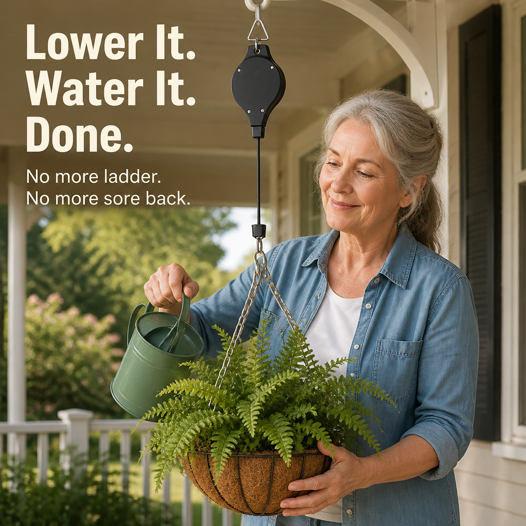 FlexiBloom™ — Lowered Hanging Baskets For Ladder-Free, Easy Watering
