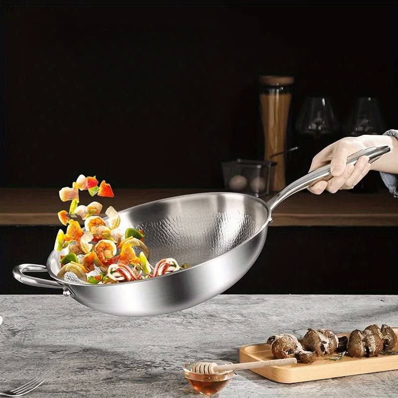 Hammered Stainless Steel Wok with Sturdy Glass Lid