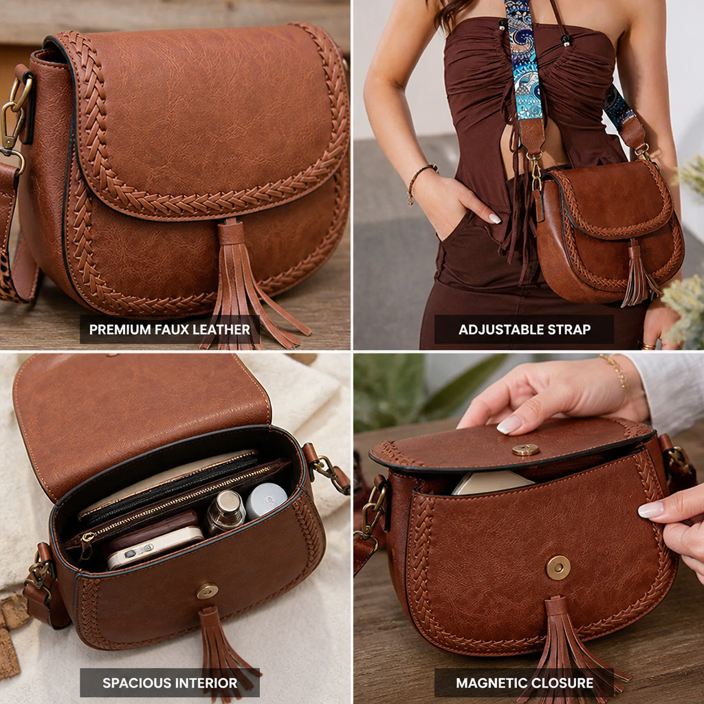 Faux Leather Tassel & Braided Trim Crossbody Bag (Adjustable Strap)