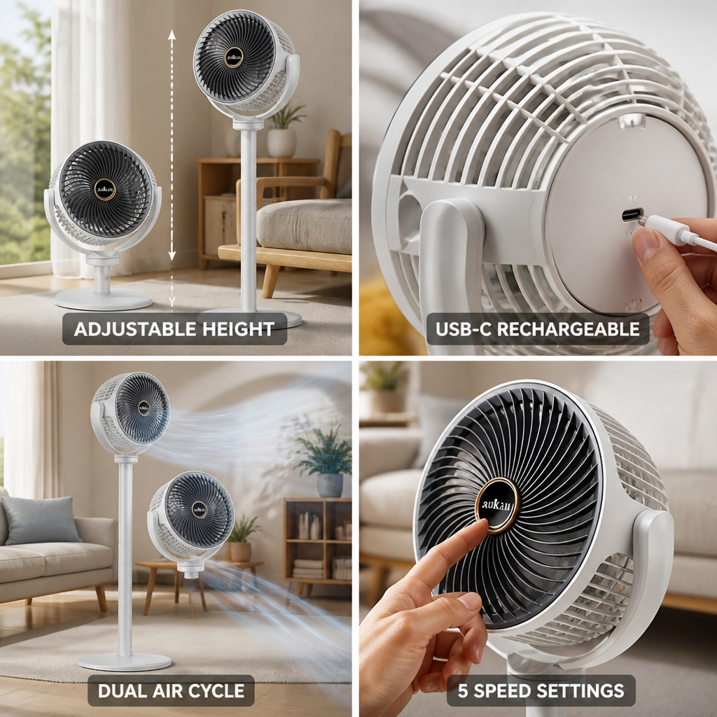 Dual-Head Adjustable Height Floor Fan (USB-C Rechargeable)