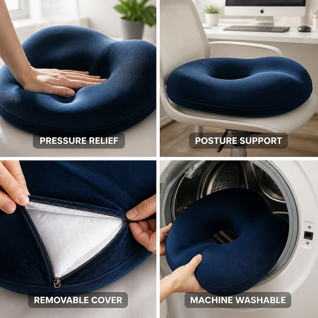 Memory Foam Tailbone Relief Seat Cushion (Removable Washable Cover)