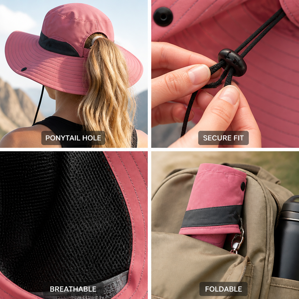 UPF 50 Breathable Foldable Sun Hat (Ponytail Hole & Chin Strap)
