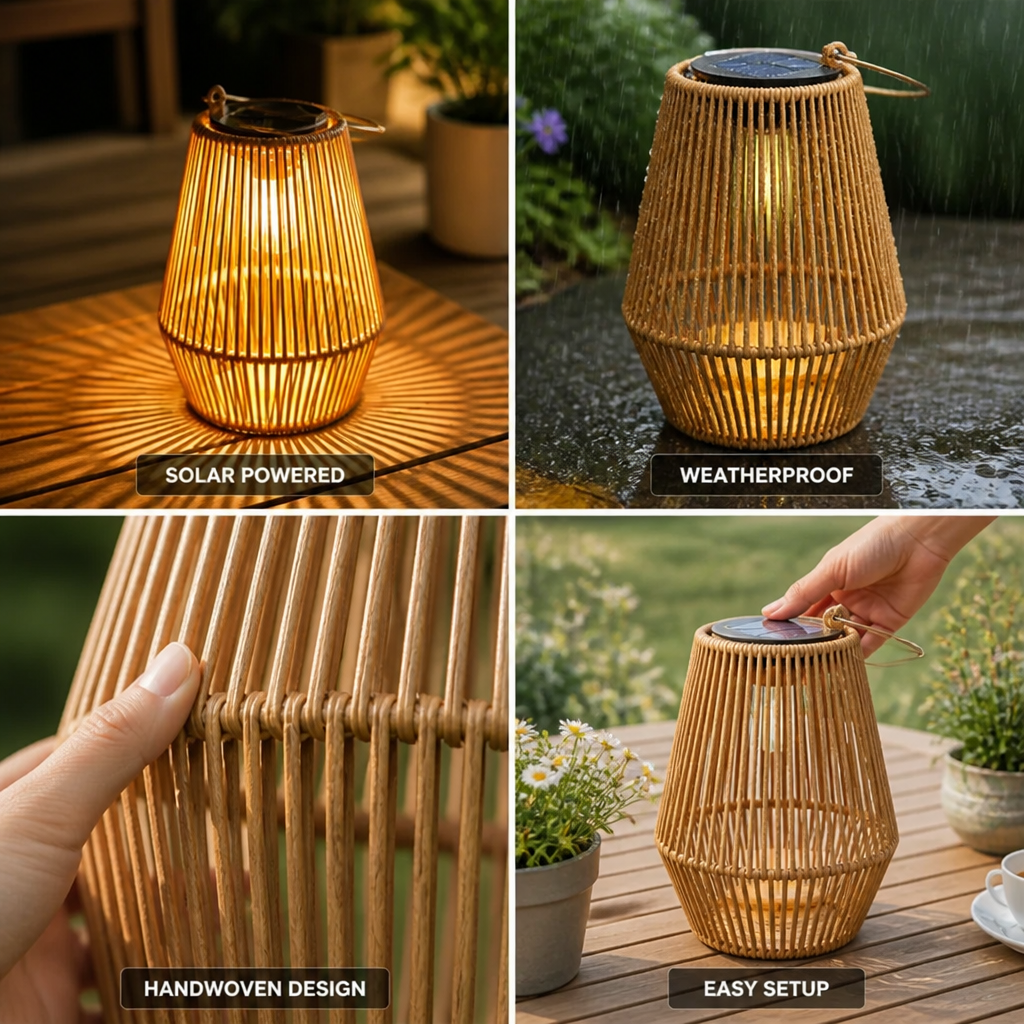 Solar-Powered Handwoven Rattan Garden Lantern