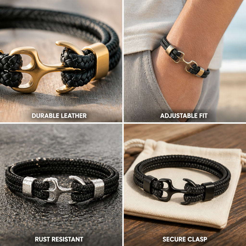 Stainless Steel Anchor Leather Bracelet (Adjustable)