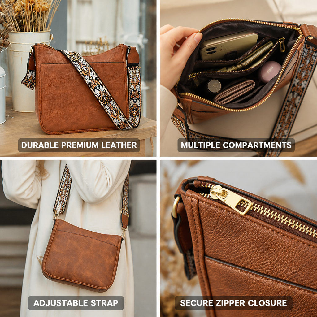 Durable PU Leather Multi-Compartment Crossbody Bag