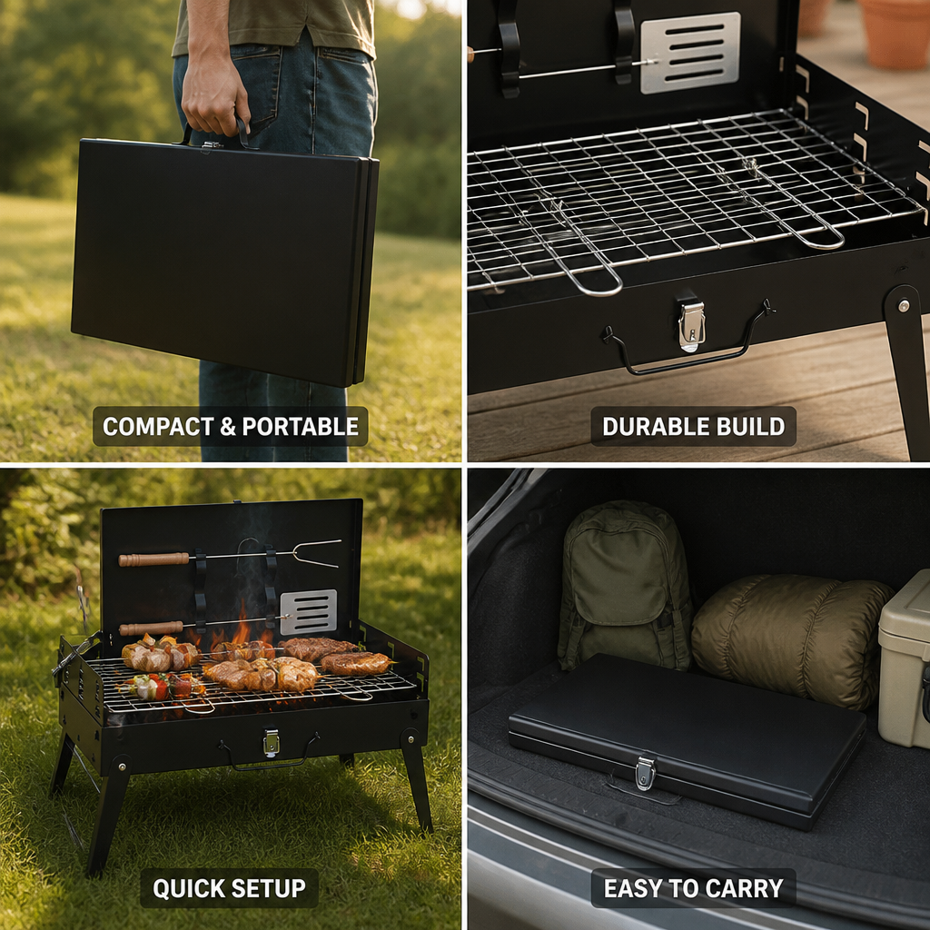 Powder-Coated Steel & Stainless Steel Grate Foldable Grill (Suitcase Format)