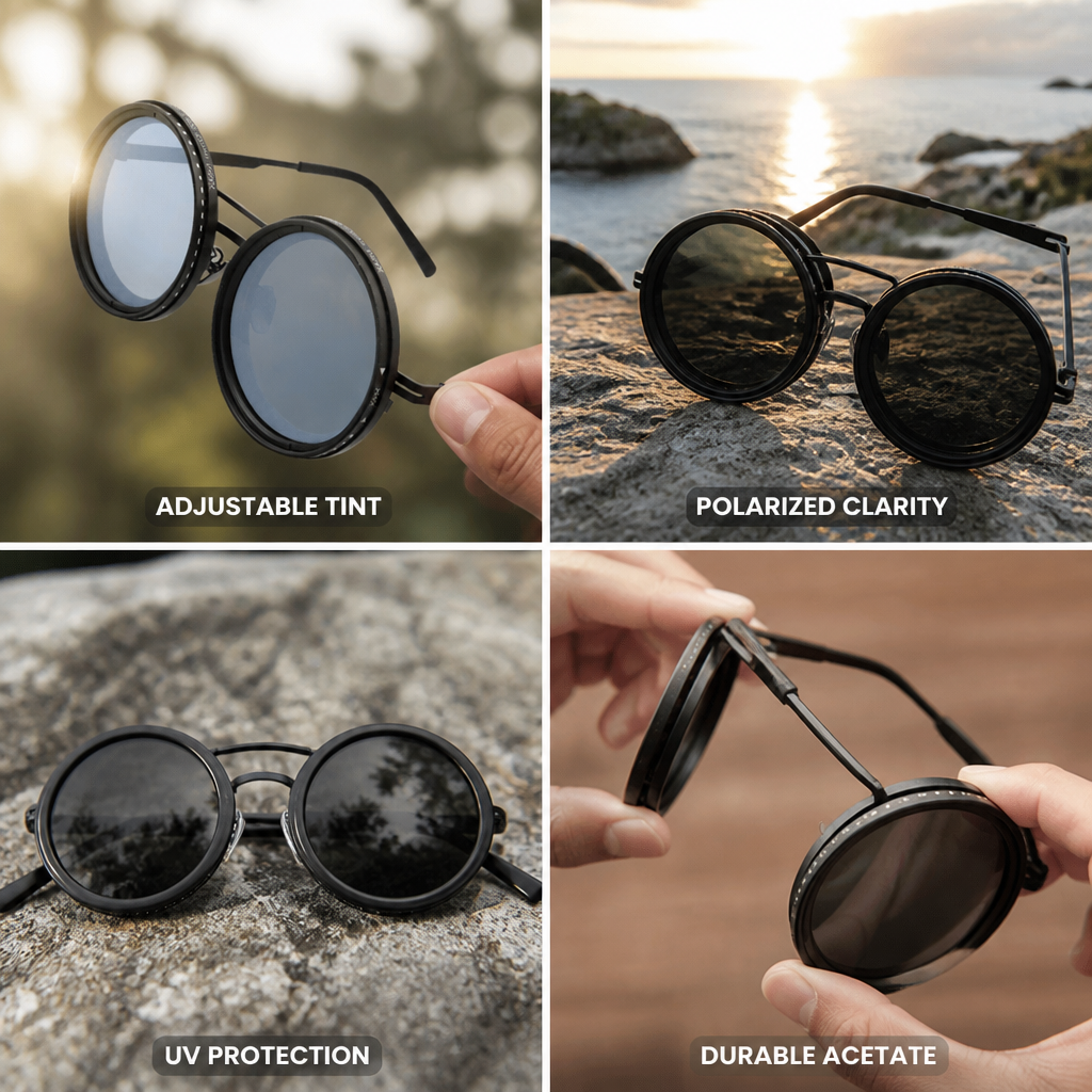 Adjustable-Tint Polarized Acetate Sunglasses (Round Frame)