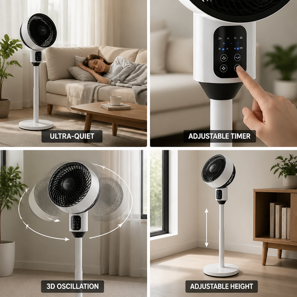 Ultra-Quiet 3D-Oscillating Standing Fan (Adjustable Height & Timer)