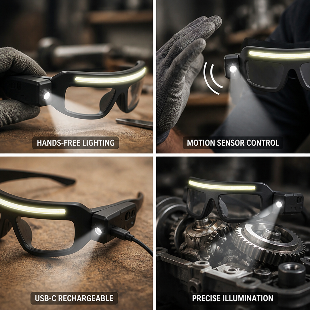 Hands-Free Motion-Sensor Glasses-Mounted Work Light