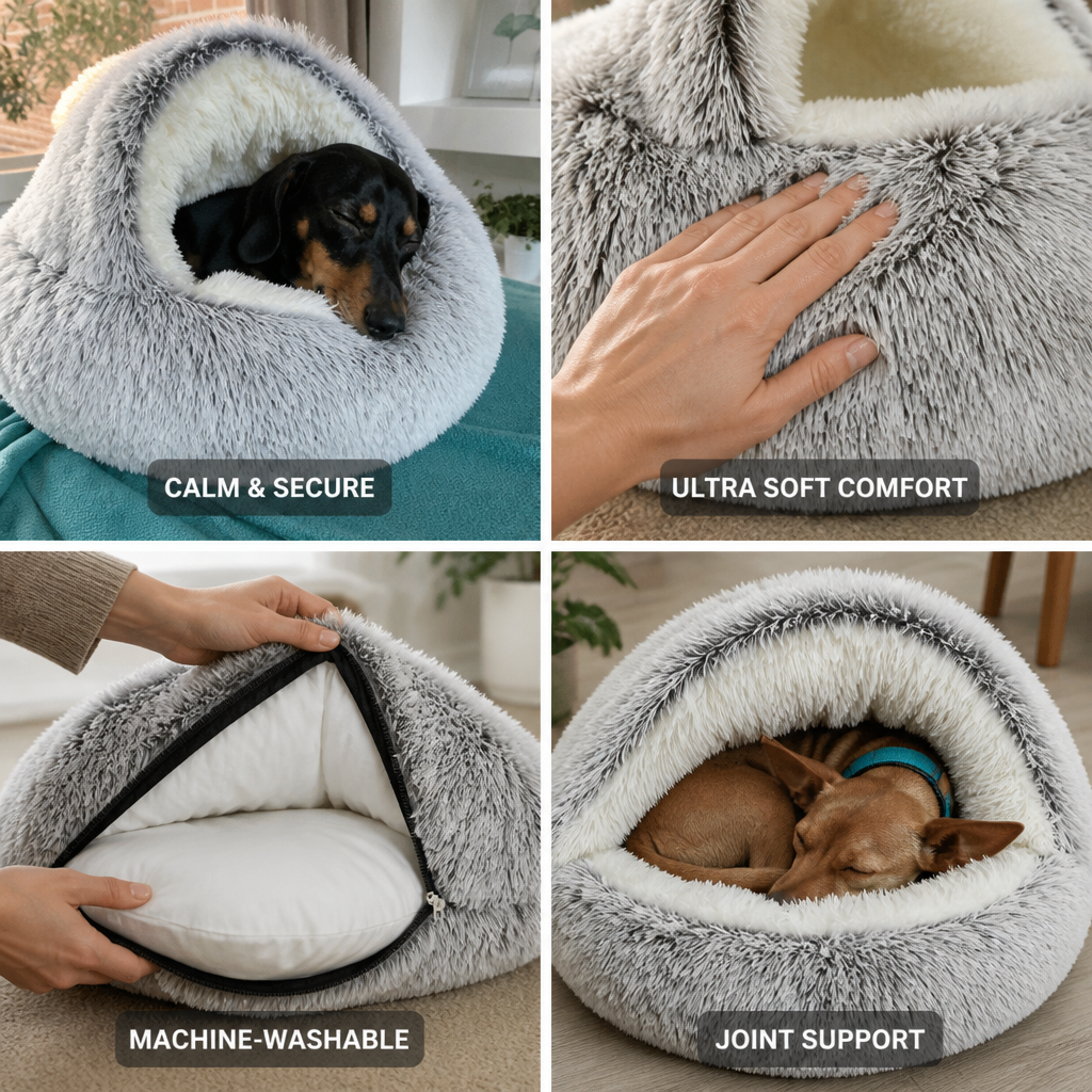Calming Plush Polyester Cave Pet Bed (Machine-Washable Cover)