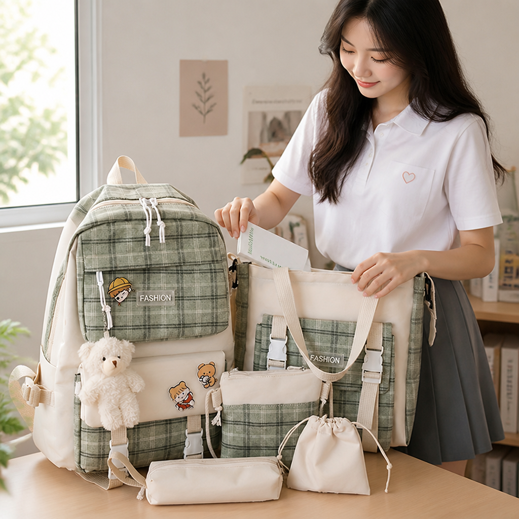 Large Capacity Minimalist Plaid Backpack Set (Set of 5)