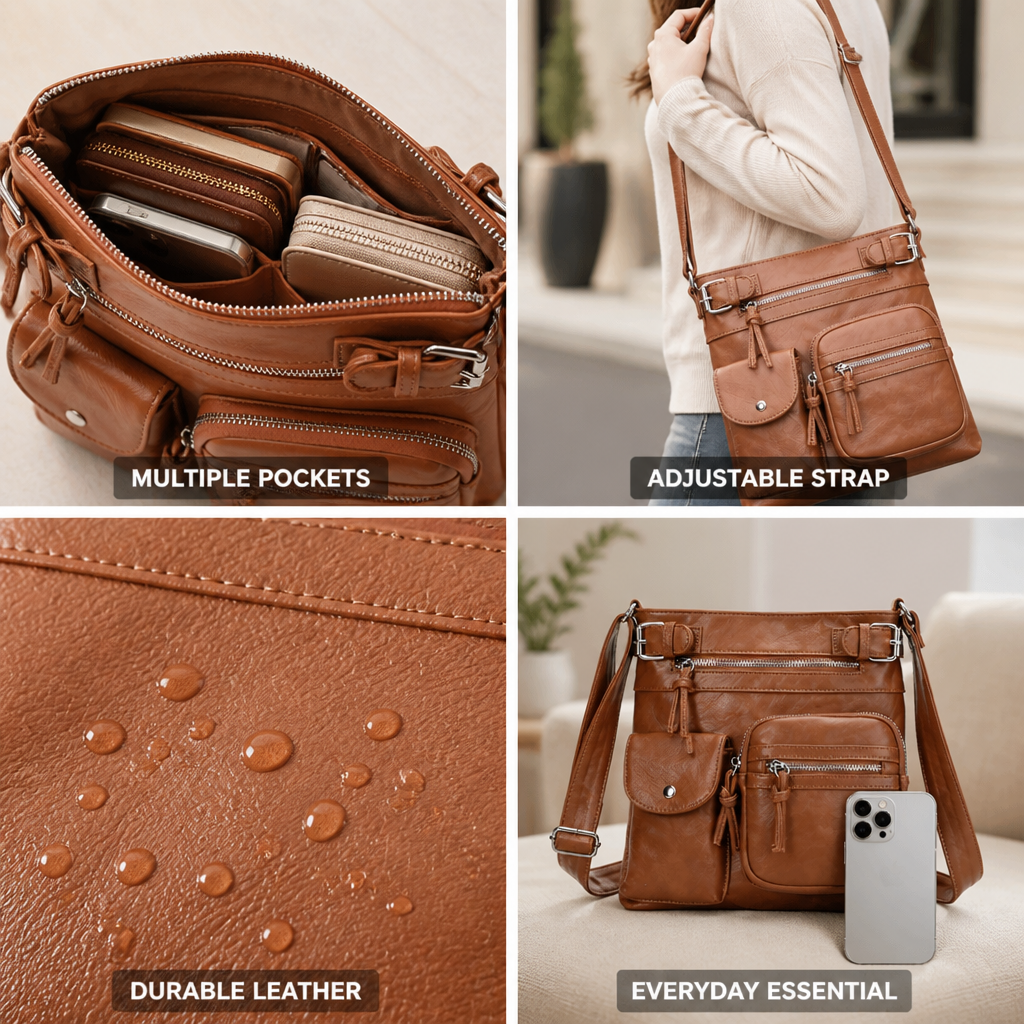 Genuine Leather Multi-Pocket Crossbody Bag (Adjustable Strap)