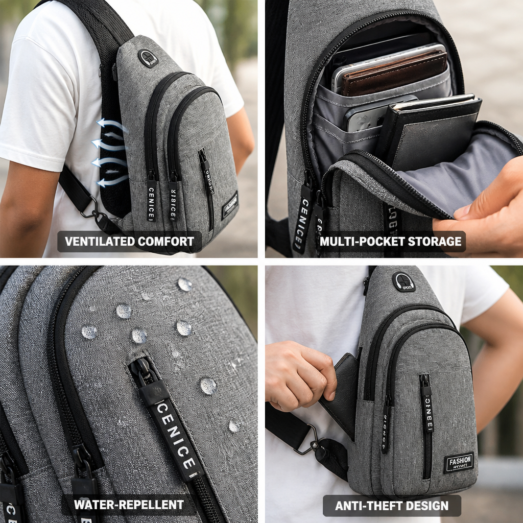 Water-Repellent Anti-Theft Multi-Pocket Chest Bag (With USB Port)
