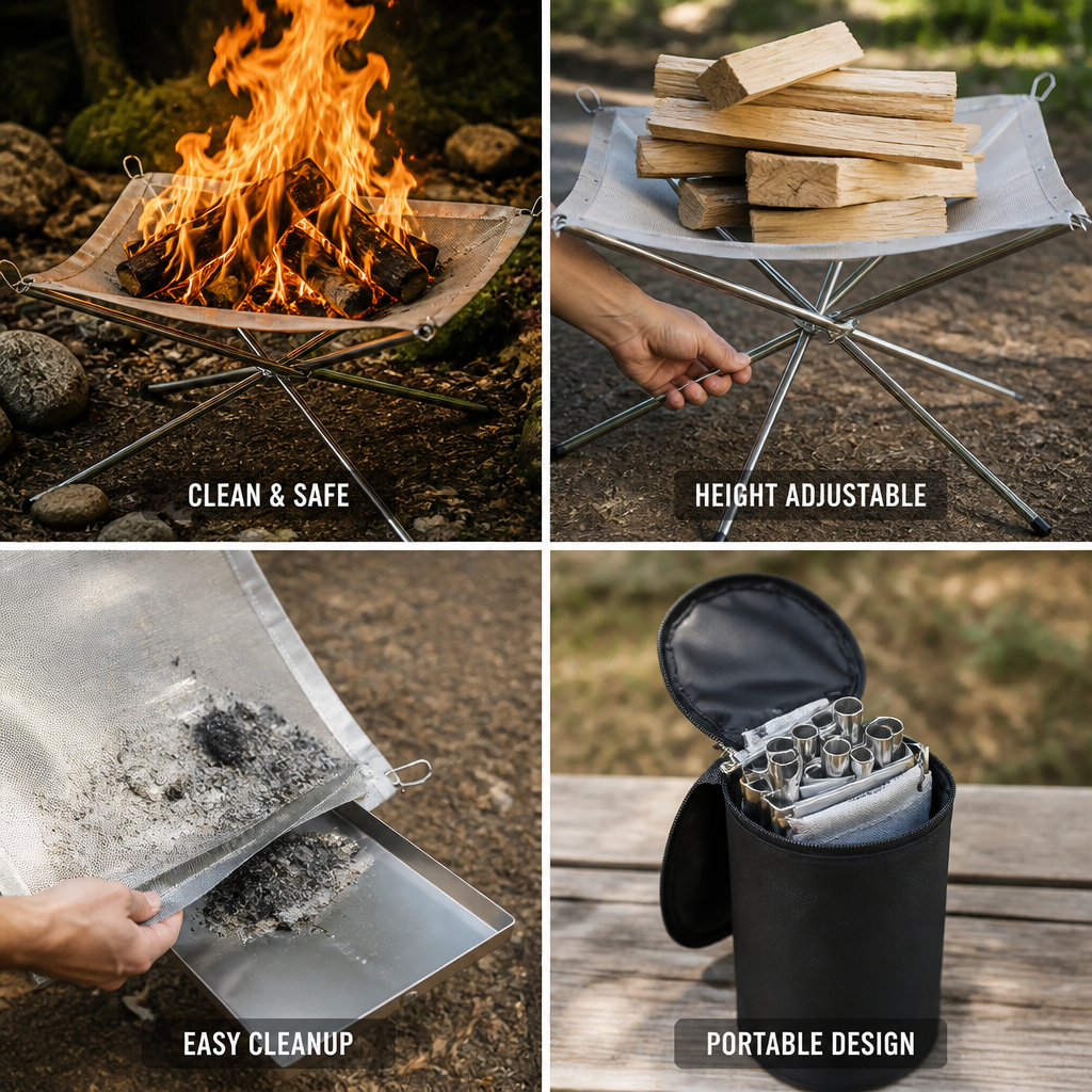 Stainless Steel Mesh Campfire Stand (Integrated Ash Tray)