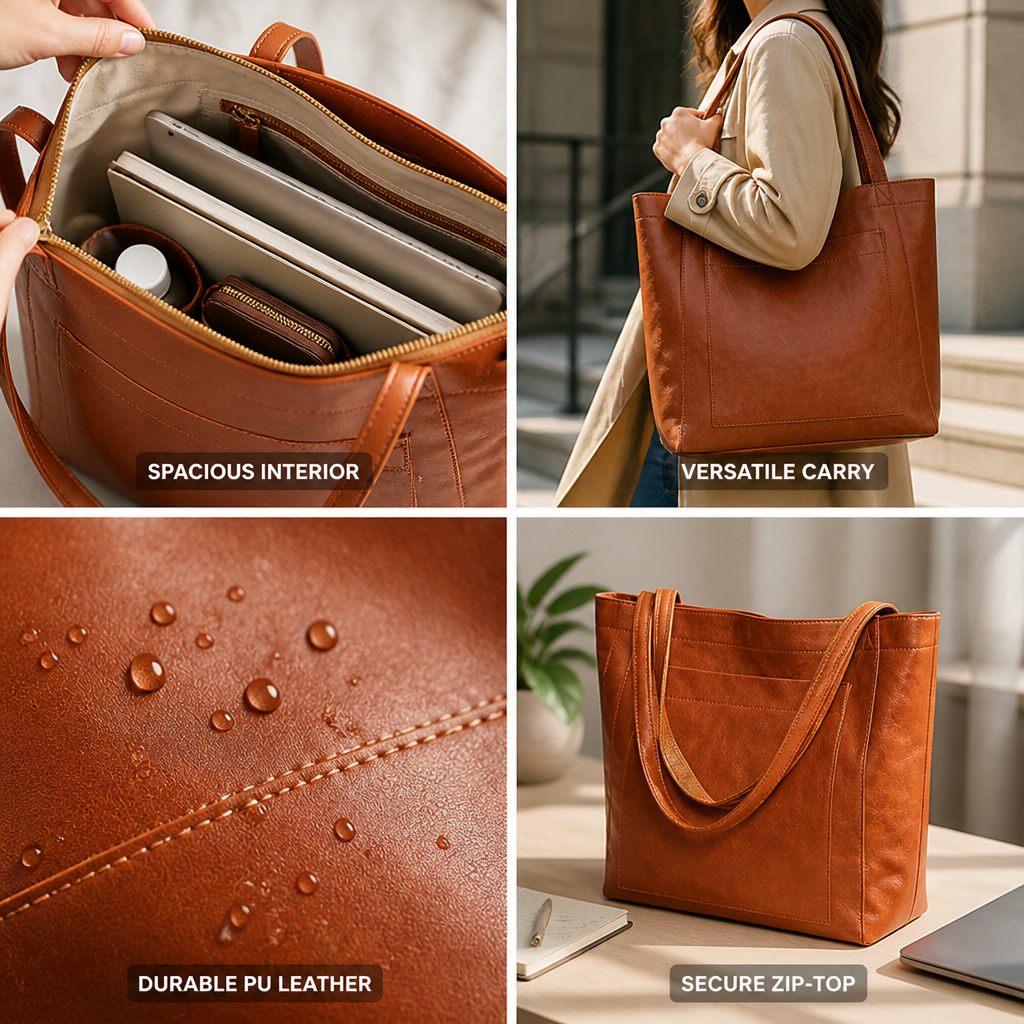 Premium PU Leather Convertible Zip-Top Tote Bag