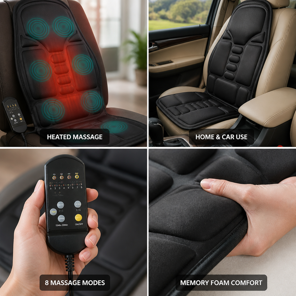 Heated 8-Mode Plush Memory Foam Massage Chair Pad (For Home & Car)