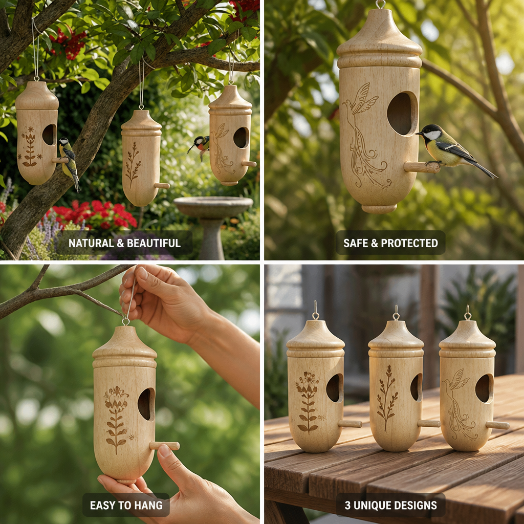 Engraved Natural Wood Hanging Birdhouse Set (3-Pack)