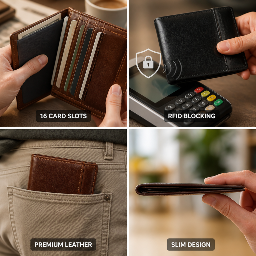 RFID-Blocking Genuine Leather Slim Bifold Wallet (16 Card Slots)