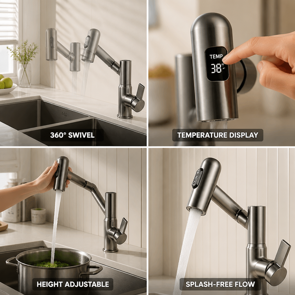 Stainless Steel 360° Swivel Temperature Display Kitchen Faucet